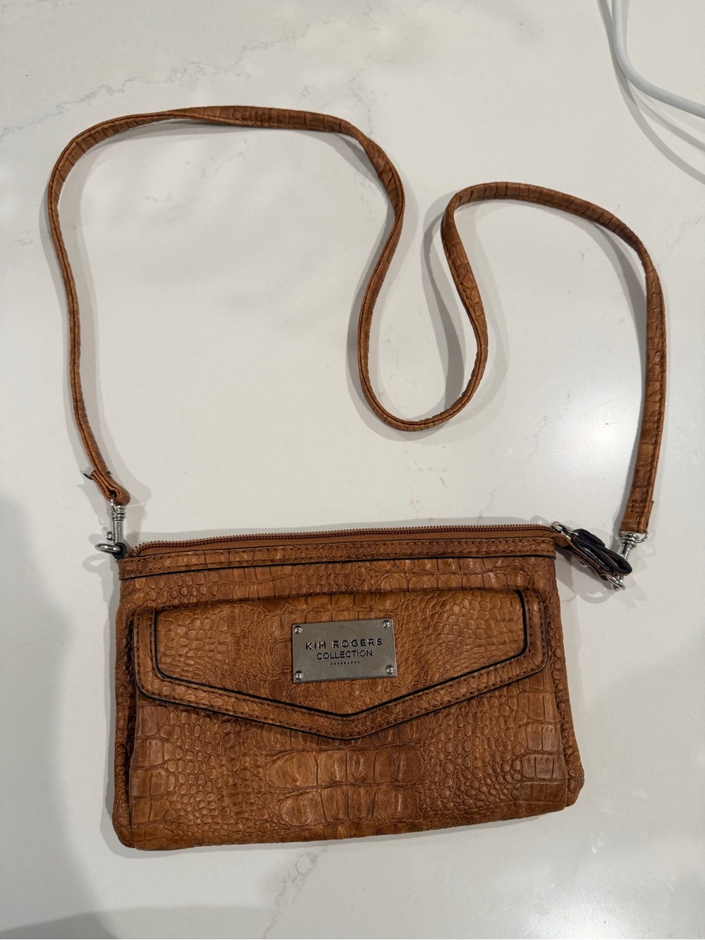 Kim Rogers Tan Croc-Embossed Clutch with Metal Logo Plaque